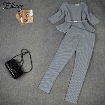 2019 Spring Autumn Fashion Women's Business Pants Suits Houndstooth Checker Pattern Ruffles Suits For Women 2 Pieces Set